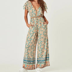 Summer jumpsuit Women Ruffle sleeve V-Neck boho Wide leg Floral Print