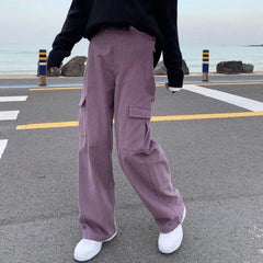 Women's Cargo Pants Corduroy Wide Leg Pocket Jogger Trousers