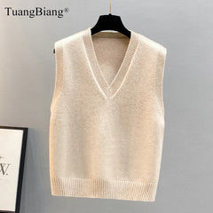 Retro Knit Thick V-Neck Elastic Ladies Sweater Vest Sleeveless