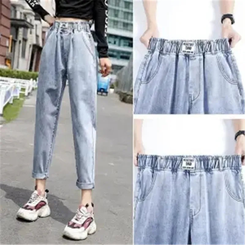 Elastic Waist Jeans Retro Jeans Female Girl Patch Pocket Embroidery