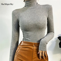 Solid Color Turtleneck Bodysuit Tops Long Sleeve