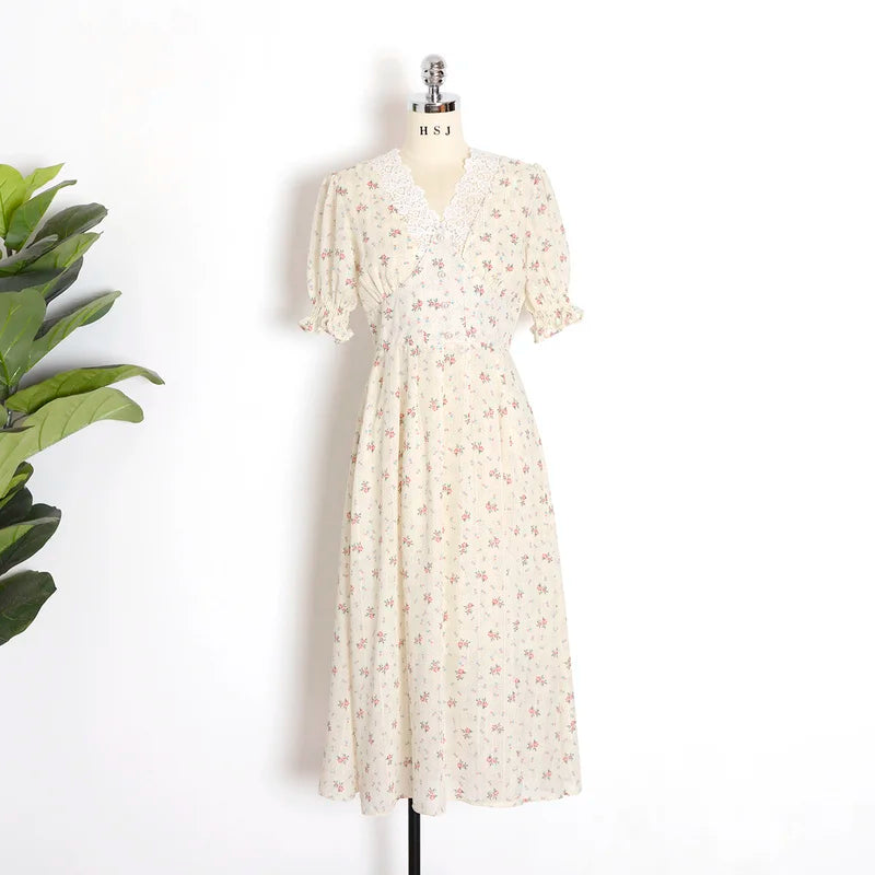 Vintage Floral Elegant Lace Chiffon Puff Sleeve V Neck Midi Dress