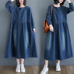 Patchwork Pleated Vintage Washed Women Denim Dresses With Pockets