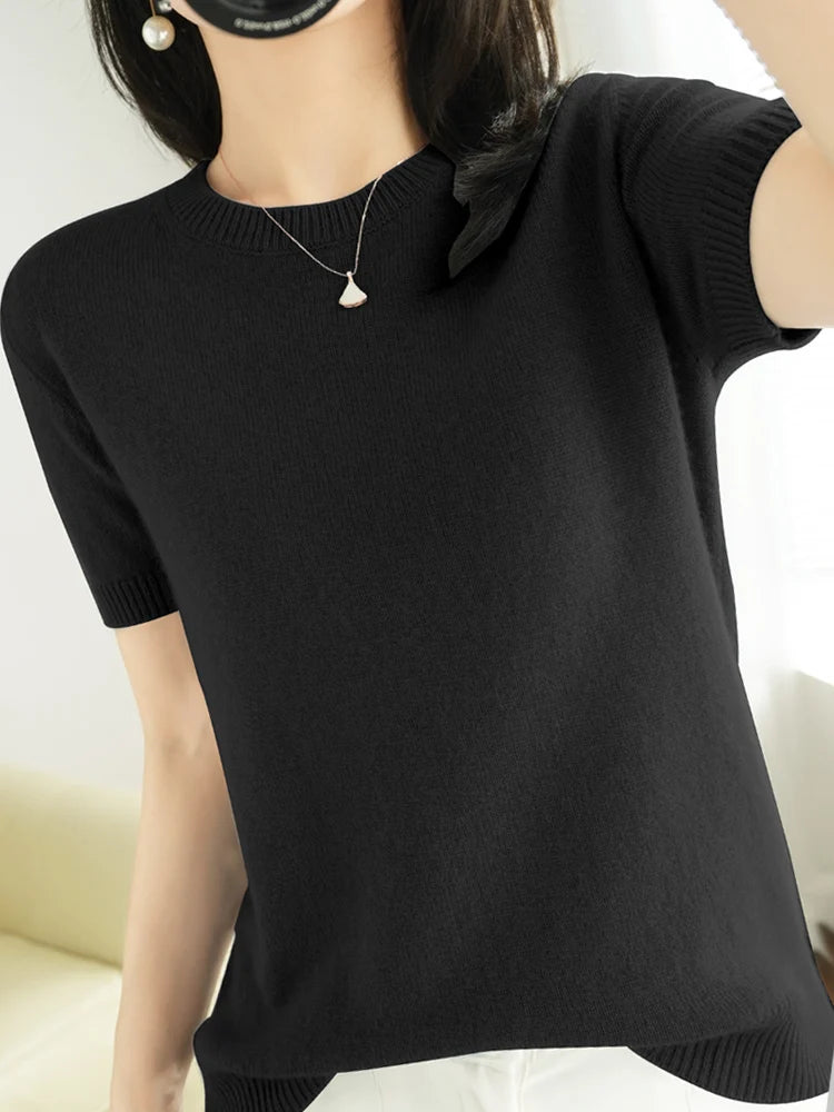 Short-sleeved Knitwear Women O-neck T-shirt Blend Pullover Sweater