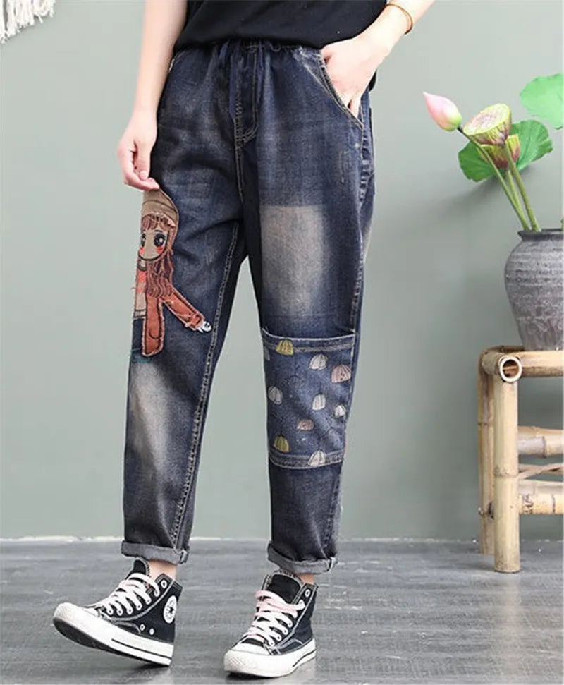 Elastic Waist Jeans Retro Jeans Female Girl Patch Pocket Embroidery