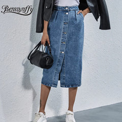 Single Breasted Knee Length Denim Skirt Streetwear Casual