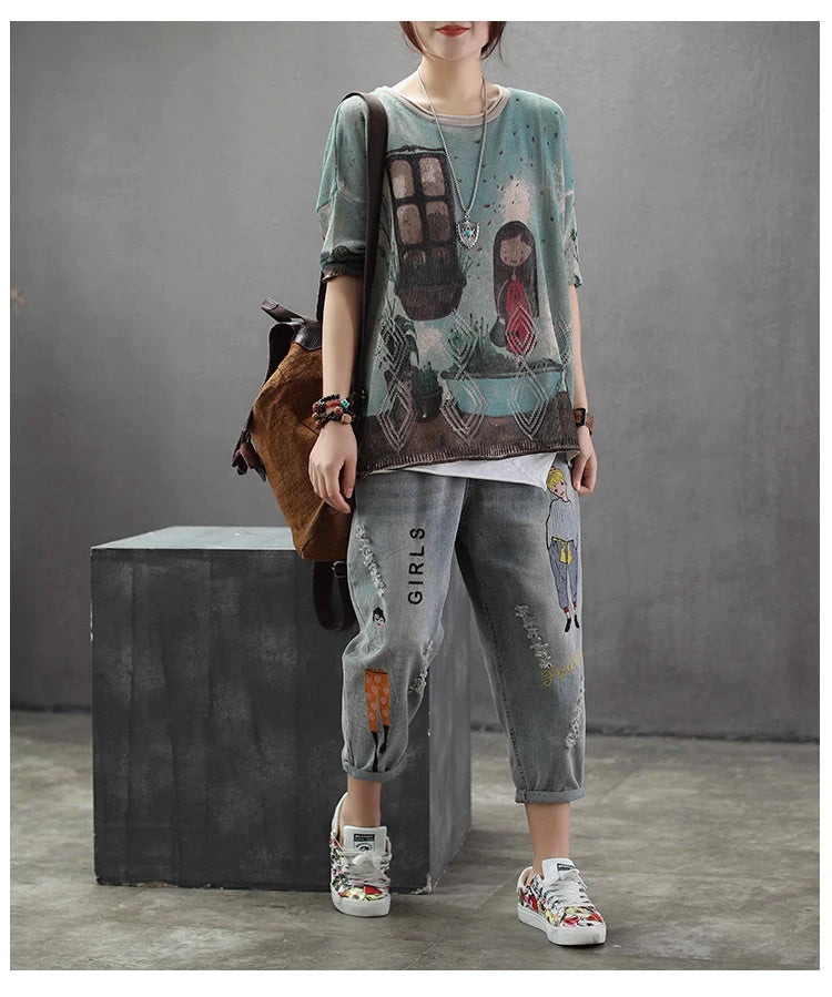 Fashion Style Vintage Embroidery Ankle-length Denim Jeans