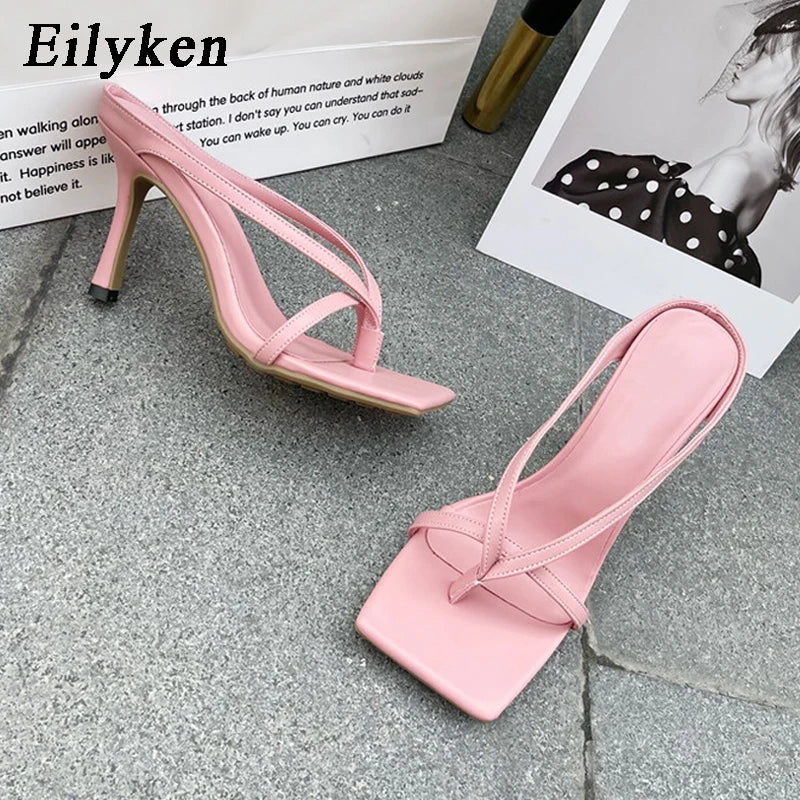 Slipper High Heels Shoes  Square Head Toe Clip-On Women Sandals