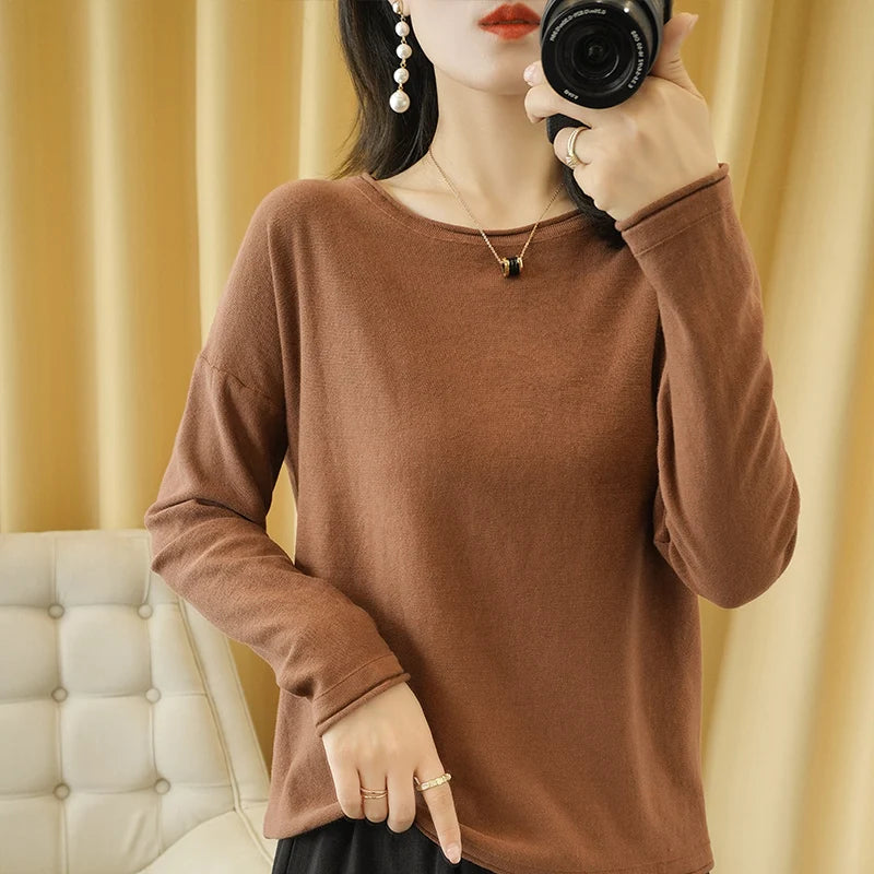 Knit Sweater Crimped Edge O-Neck Pullover Tops Clothes