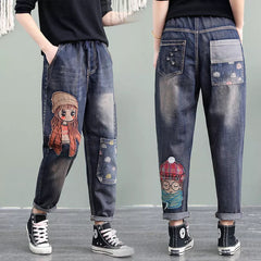 Elastic Waist Jeans Retro Jeans Female Girl Patch Pocket Embroidery