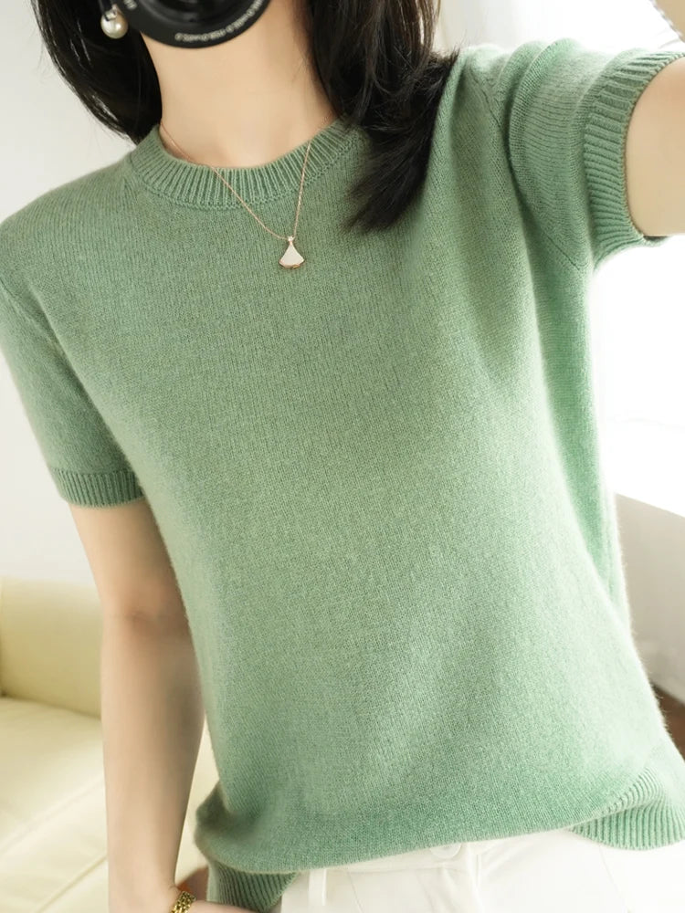 Short-sleeved Knitwear Women O-neck T-shirt Blend Pullover Sweater