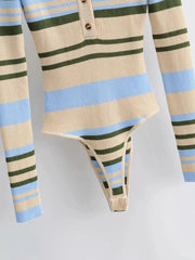 Vintage Knitting Contrast color Striped Long sleeve Bodysuit
