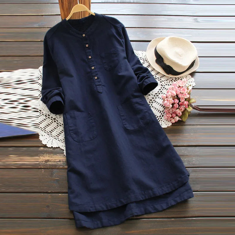 Vintage Long Sleeve Buttons Cotton Mini Shirt Dresses