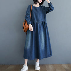 Patchwork Pleated Vintage Washed Women Denim Dresses With Pockets