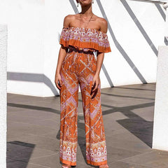 ruffles off shoulder women jumpsuit vintage cotton orange floral print Wide leg