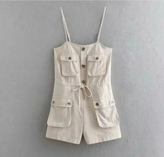 Style Spaghetti Strap Jumpsuit Button Lacing up Bow Waist Short Pants Romper