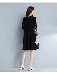 Embroidery Flower Dresses Puff Sleeve V Neck Linen Ladies