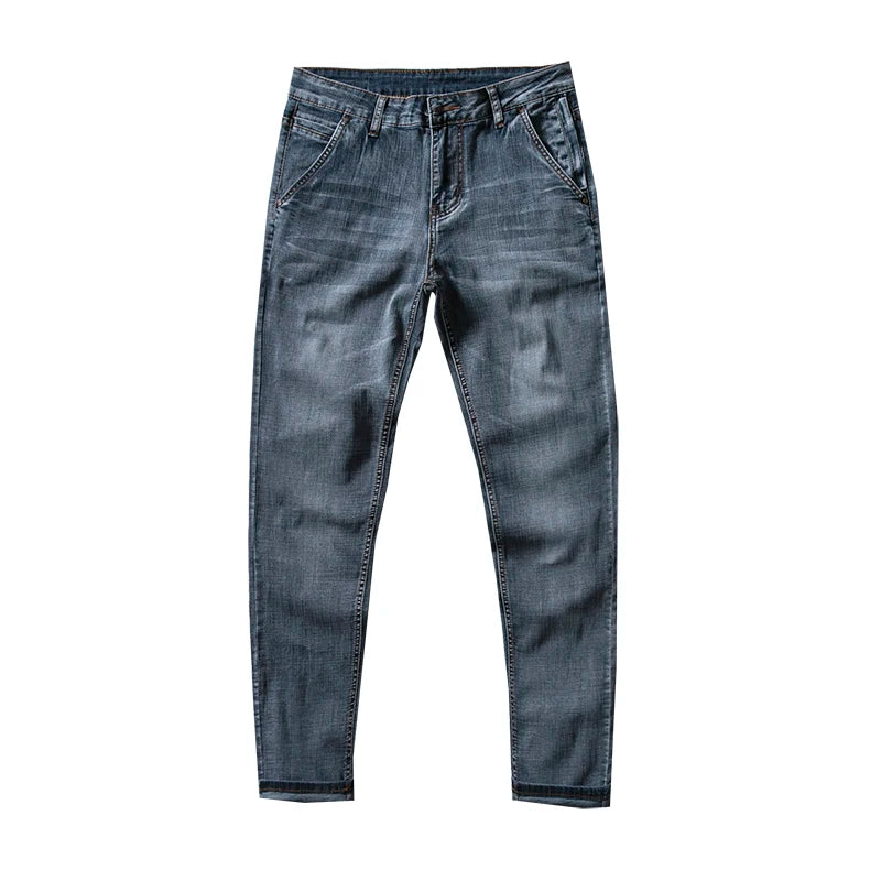 Classic Style Blue-grey Slim Jeans Elastic Regular Fit Denim Pants