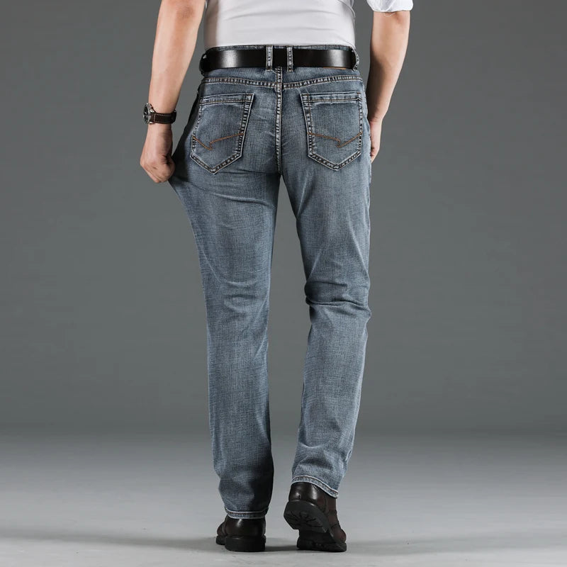 Classic Style Blue-grey Slim Jeans Elastic Regular Fit Denim Pants