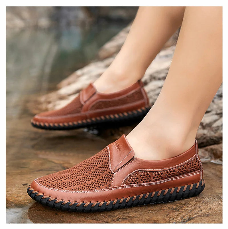 Summer Genuine Leather Men Flat Breathable Mesh Shoes