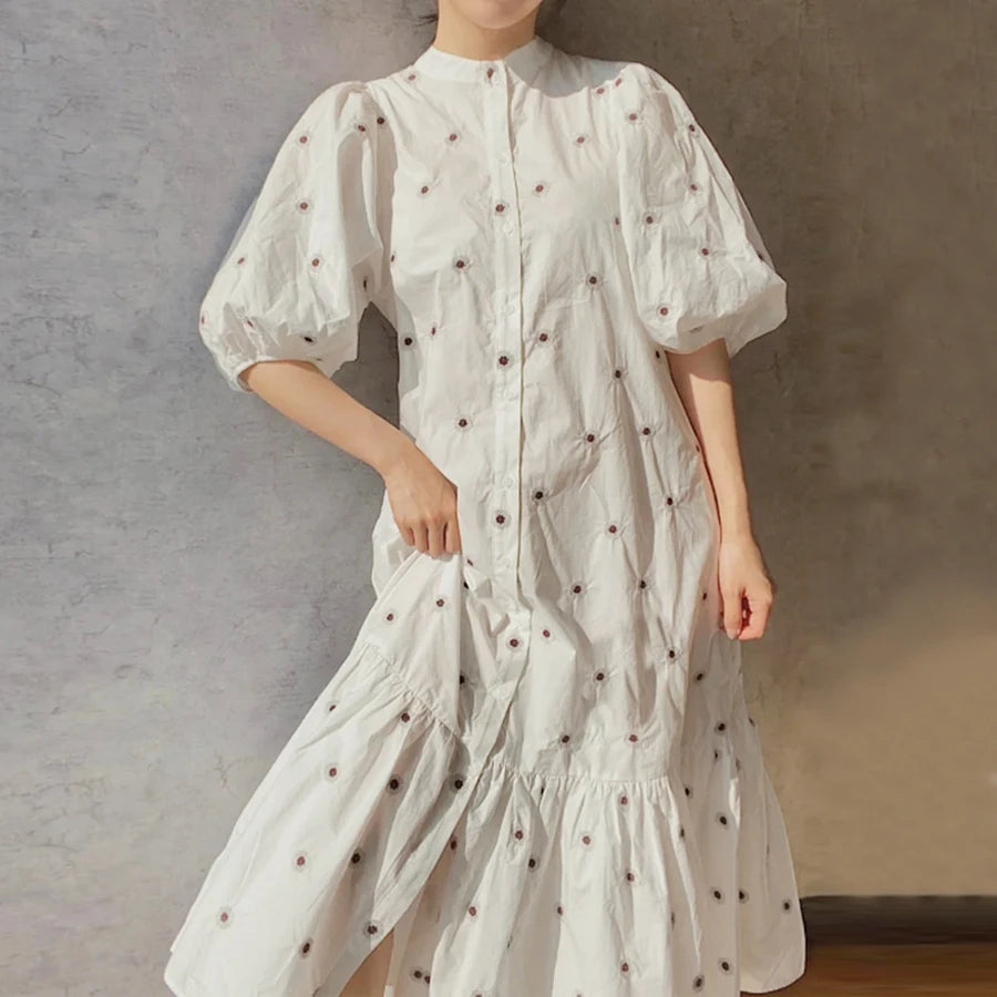 puff sleeve midi women dresses vintage polka dot dress