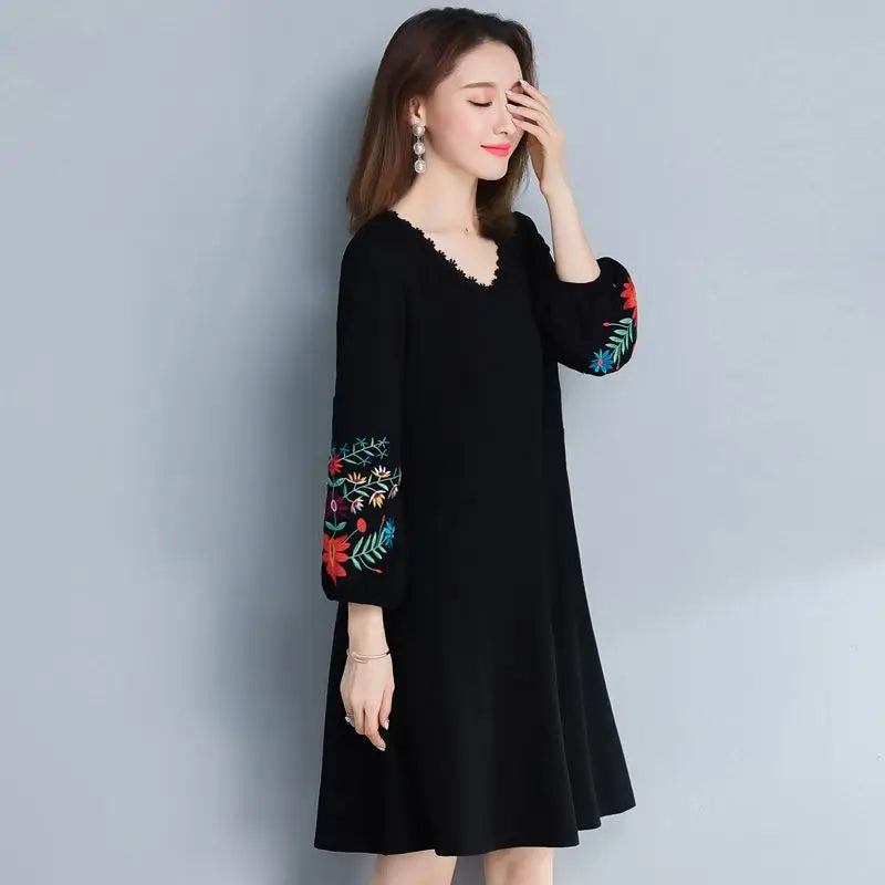 Embroidery Flower Dresses Puff Sleeve V Neck Linen Ladies