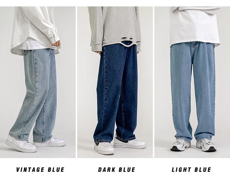 Fashion Men's Baggy Jeans Classic All-match Solid Color Straight-leg Denim Wide-leg