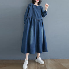 Patchwork Pleated Vintage Washed Women Denim Dresses With Pockets