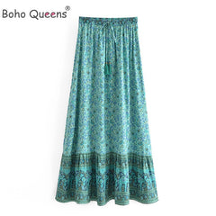 Boho Floral Print Skirt High Elastic Waist Maxi Long