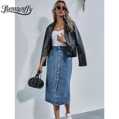 Single Breasted Knee Length Denim Skirt Streetwear Casual