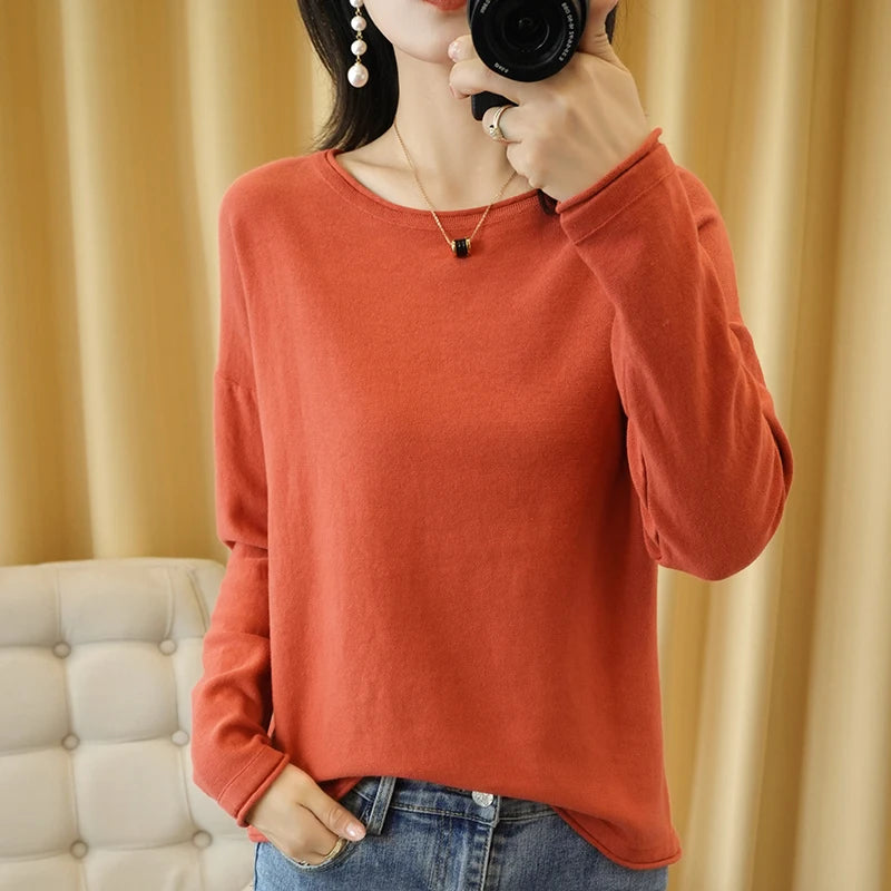 Knit Sweater Crimped Edge O-Neck Pullover Tops Clothes