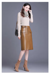 Straight Skirts Solid Color Casual PU Leather Knee Length