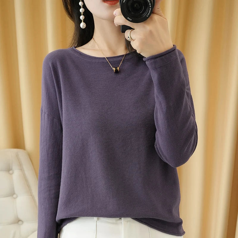 Knit Sweater Crimped Edge O-Neck Pullover Tops Clothes