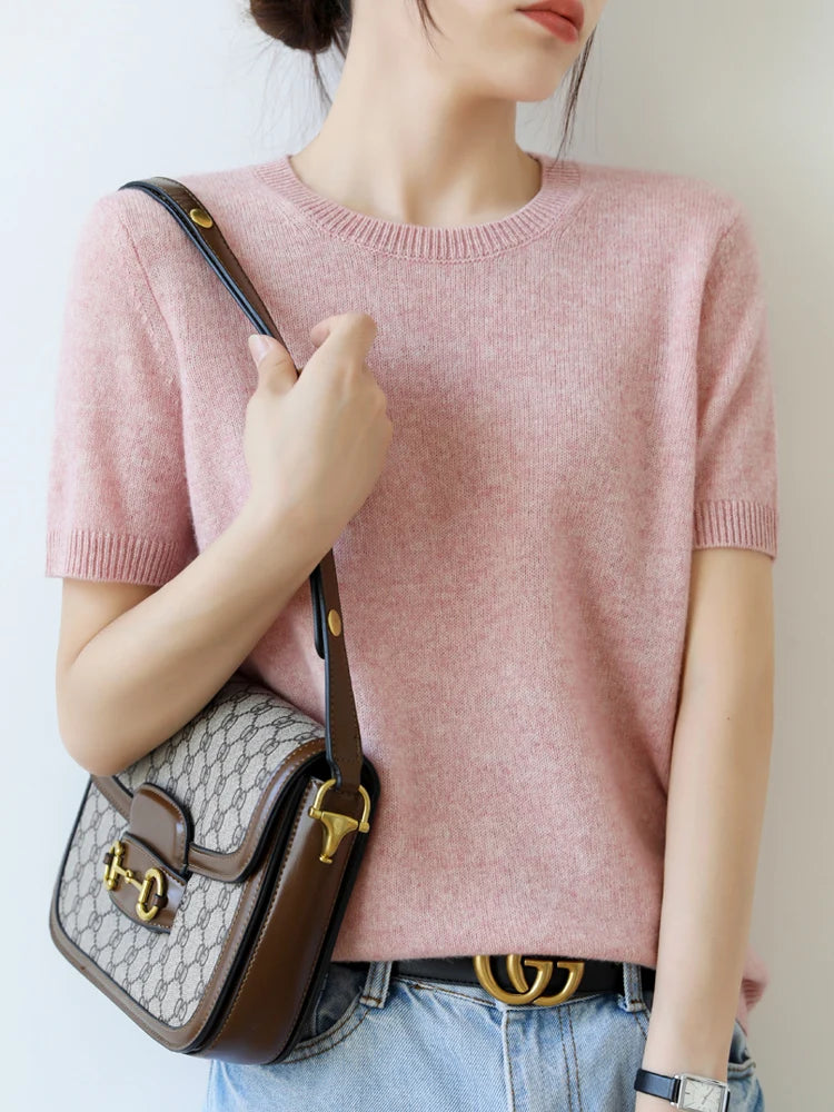 Short-sleeved Knitwear Women O-neck T-shirt Blend Pullover Sweater