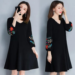 Embroidery Flower Dresses Puff Sleeve V Neck Linen Ladies