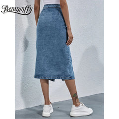 Single Breasted Knee Length Denim Skirt Streetwear Casual