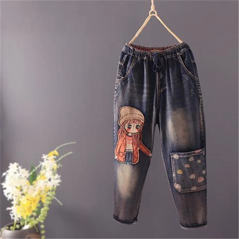 Elastic Waist Jeans Retro Jeans Female Girl Patch Pocket Embroidery