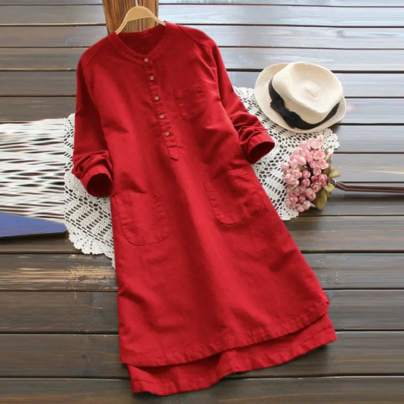 Vintage Long Sleeve Buttons Cotton Mini Shirt Dresses