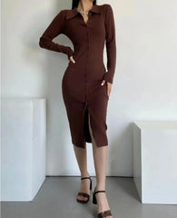 Single-Breasted Buttons Bodycon Dresses Midi Slit Long Sleeve Sweater