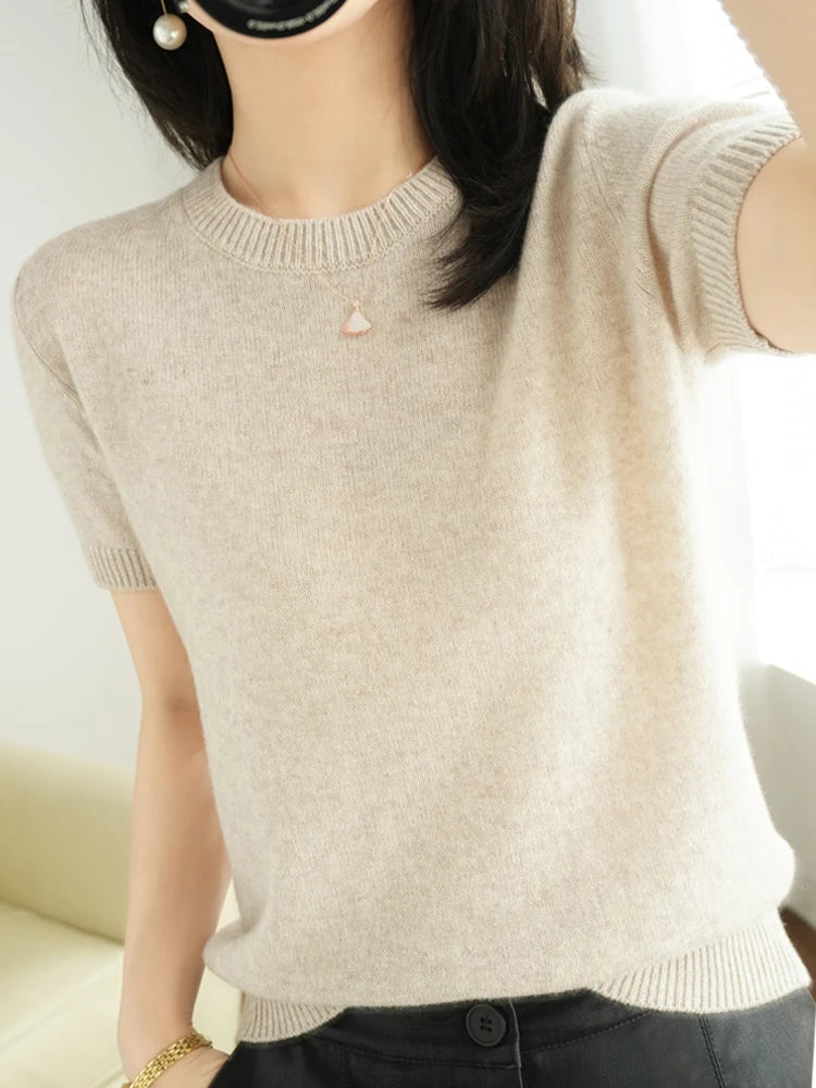 Short-sleeved Knitwear Women O-neck T-shirt Blend Pullover Sweater