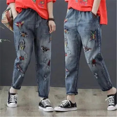 Elastic Waist Jeans Retro Jeans Female Girl Patch Pocket Embroidery