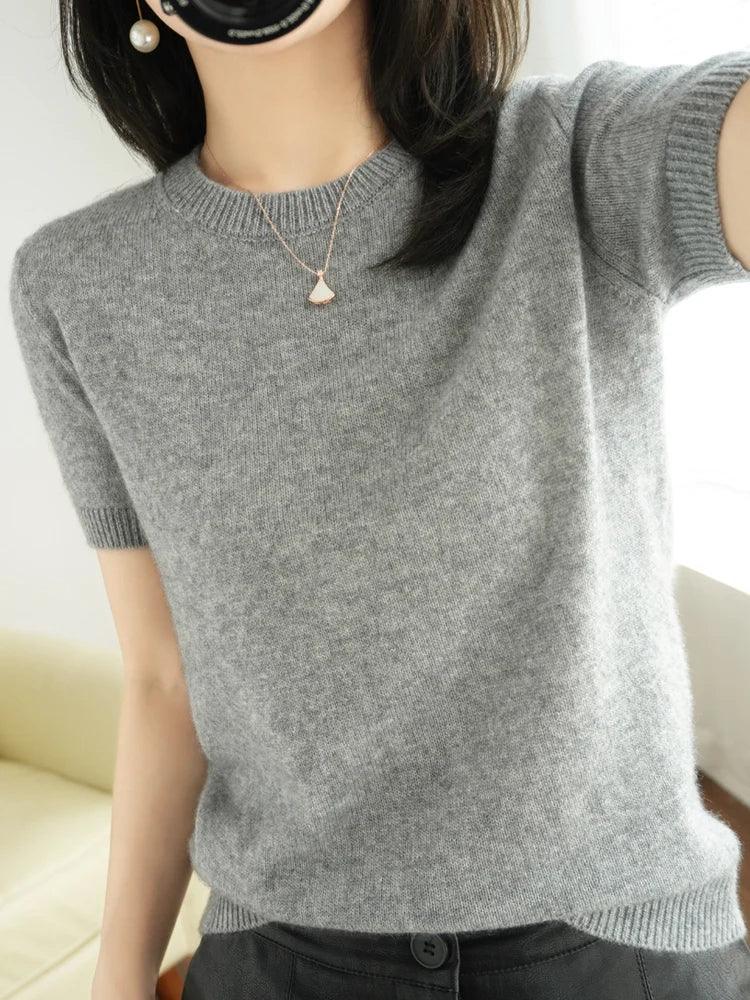 Short-sleeved Knitwear Women O-neck T-shirt Blend Pullover Sweater