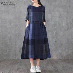 Summer Midi Female Vintage Plaid Check Casual Linen Dresses