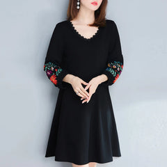 Embroidery Flower Dresses Puff Sleeve V Neck Linen Ladies