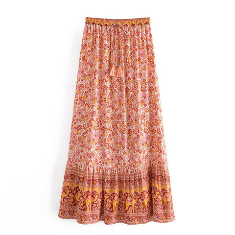 Boho Floral Print Skirt High Elastic Waist Maxi Long