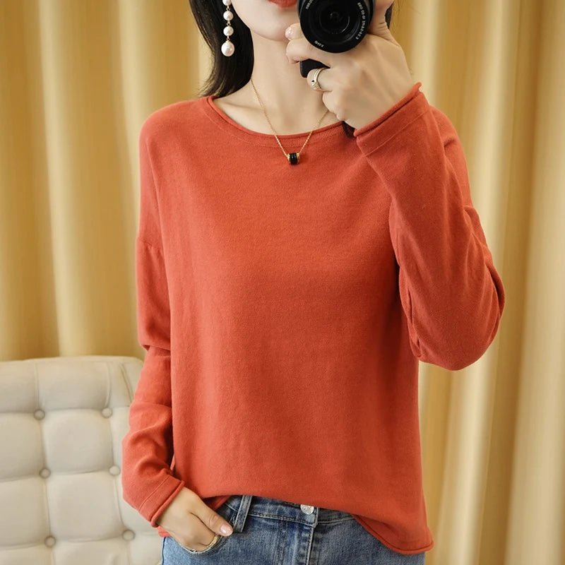 Knit Sweater Crimped Edge O-Neck Pullover Tops Clothes