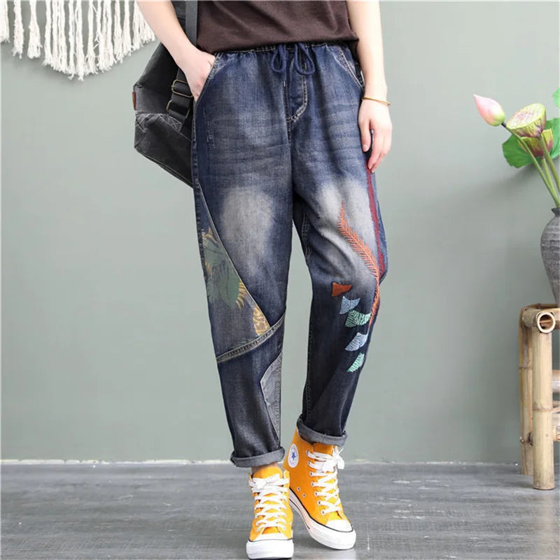 Elastic Waist Jeans Retro Jeans Female Girl Patch Pocket Embroidery