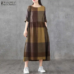 Summer Midi Female Vintage Plaid Check Casual Linen Dresses