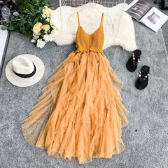 Boho Knit Patchwork Mesh V Neck Spaghetti Strap Midi Long Dress