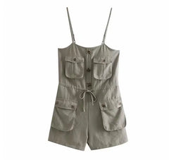 Style Spaghetti Strap Jumpsuit Button Lacing up Bow Waist Short Pants Romper